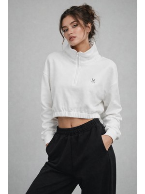 Rich Kadın Ekru Crop Sweatshirt Scuba Kumaşı