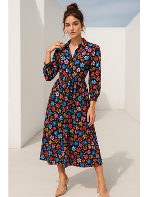 Rich Kadın Mavi Çiçek Desenli Belden Lastikli Düğmeli Uzun Kollu Maxi Boy Elbise