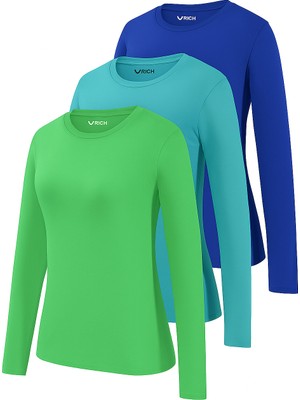 Rich Kadın Saks Mavi-Yeşil-Turkuaz 3'lü Paket Bisiklet Yaka Uzun Kollu Body