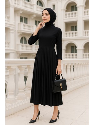 Rich Kadın Siyah Piliseli Rahat Tasarım Dik Yakalı Tesettür Elbise