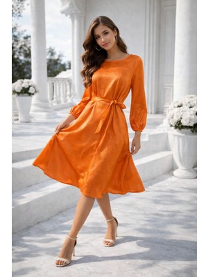Rich Kadın Turuncu Kuşaklı Bisiklet Yaka Midi Boy Uzun Kollu Saten Elbise