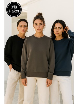 Rich Kadın 3'lü Paket Siyah - Antrasit - Lacivert Basic Bisiklet Yaka Sweatshirt