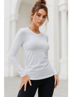 Rich Kadın Beyaz Bisiklet Yaka Uzun Kollu Body