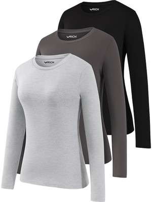 Rich Kadın Gri Melanj-Füme-Siyah 3'lü Paket Bisiklet Yaka Uzun Kollu Body