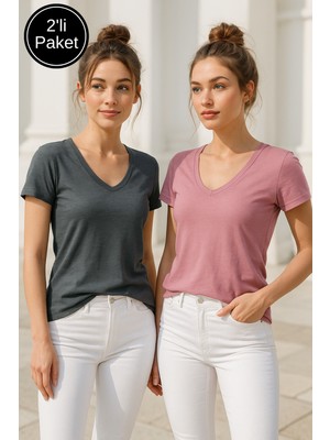 Rich Kadın Gül Kurusu-Koyu Yeşil 2'li Paket Yarım Kollu Bisiklet Yaka Tişört