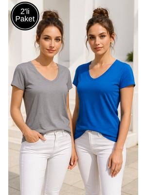 Rich Kadın Saks Mavi-Gri 2'li Paket Yarım Kollu Bisiklet Yaka Tişört
