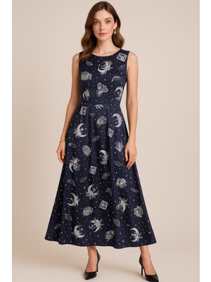 Rich Kadın Lacivert Modern Desenli Saten Elbise