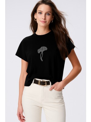 Rich Kadın Siyah Swarovski Taşlı Kısa Kollu Tişört