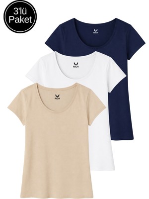 Rich Kadın Lacivert - Beyaz - Bej 3'lü Paket %100 Pamuk Kısa Kollu Tişört Ast4
