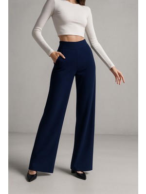 Rich Kadın Lacivert Fitilli Yüksel Bel Bol Paça Pantolon