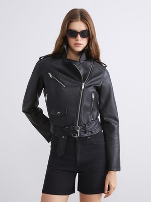 Lc Waikiki Yeni Sezon Biker Yaka Kadın Deri Görünümlü Ceket