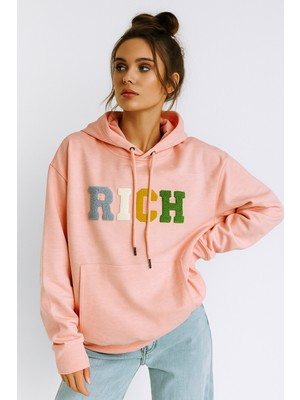 Kadın Pembe Renkli Rich Yazılı Kapüşonlu Sweatshirt