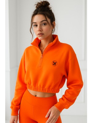 Rich Kadın Oranj Yarım Fermuarlı Beli Lastikli Crop Sweatshirt