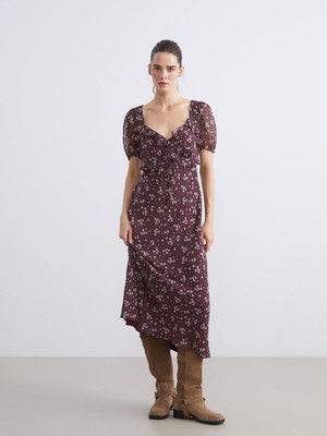 Lc Waikiki Yeni Sezon Kalp Yaka Çiçekli Balon Kollu Elbise