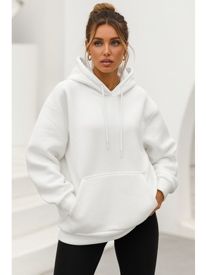 Rich Kadın Ekru Kanguru Cepli Kapüşonlu Scuba Sweatshirt