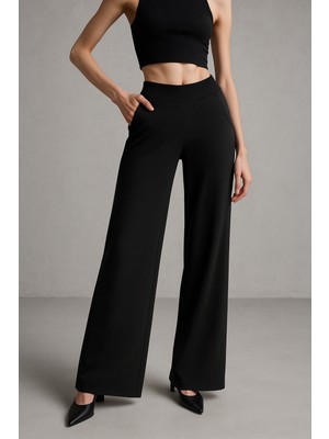 Rich Kadın Siyah Fitilli Yüksel Bel Bol Paça Pantolon