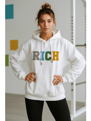 Kadın Ekru Renkli Rich Yazılı Kapüşonlu Sweatshirt