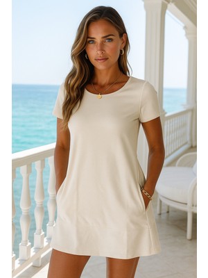 Rich Kadın Ekru Rengi Yandan Çift Cepli Düz Elbise