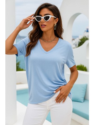 Rich Kadın Açık Mavi Viskon V Yaka Basic Kısa Kollu Tişört