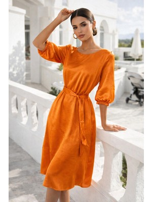 Rich Kadın Turuncu Kuşaklı Bisiklet Yaka Midi Boy Fakir Kollu Saten Elbise