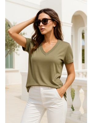 Rich Kadın Haki Viskon V Yaka Basic Kısa Kollu Tişört