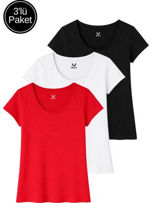 Rich Kadın Siyah-Beyaz-Kırmızı 3'lü Paket %100 Pamuk Kısa Kollu Tişört
