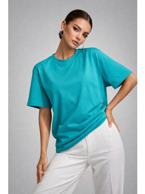 Rich Kadın Turkuaz %100 Pamuk Oversize Basic Tişört – Rahat Kalıp Relaxed Bisiklet Yaka T-Shirt