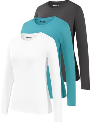 Rich Kadın Füme-Turkuaz-Beyaz 3'lü Paket Bisiklet Yaka Uzun Kollu Body