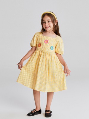 Lc Waikiki Yeni Sezon Kare Yaka Kısa Kollu Ekose Desenli Kız Bebek Elbise