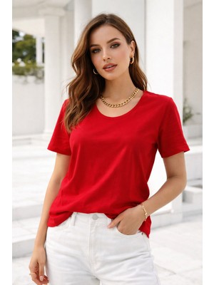 Rich Kadın Kırmızı Bisiklet Yaka Kısa Kollu Tişört