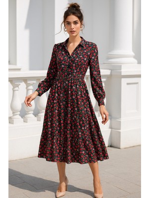 Rich Kadın Pembe Çiçek Desenli Belden Lastikli Düğmeli Uzun Kollu Maxi Boy Elbise