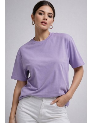 Rich Kadın Lila %100 Pamuk Oversize Basic Tişört – Rahat Kalıp Relaxed Bisiklet Yaka T-Shirt