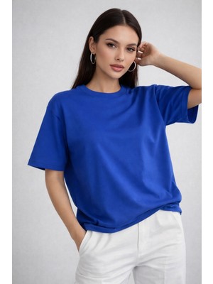 Rich Kadın Saks Mavi %100 Pamuk Oversize Basic Tişört – Rahat Kalıp Relaxed Bisiklet Yaka T-Shirt