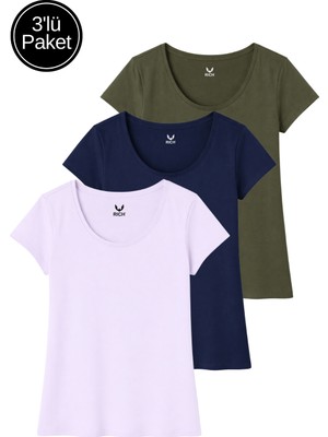 Rich Kadın Haki - Lacivert - Lila 3'lü Paket %100 Pamuk Kısa Kollu Tişört