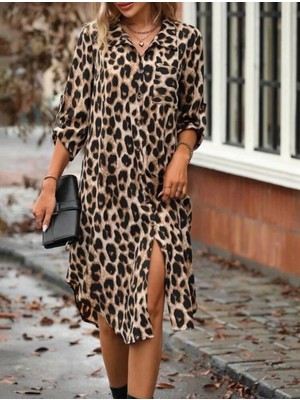 Alpaco Kolu Manşetli Leopar Desen Gömlek Elbise