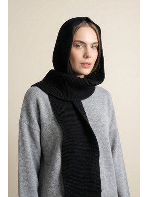 Kadın Kapüşonlu Kalın Triko Atkı –siyah
