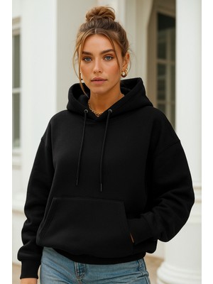 Rich Kadın Siyah Kanguru Cepli Kapüşonlu Scuba Sweatshirt