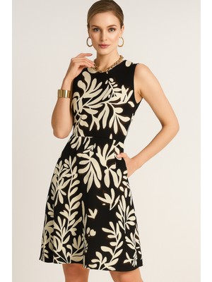 Rich Kadın Siyah Desenli 0 Kol Bisiklet Yaka Elbise