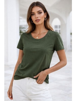 Rich Kadın Haki Bisiklet Yaka Kısa Kollu Tişört
