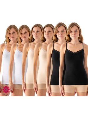 Sea Milano Kadın Dantel Detaylı Ince Vücudu Saran Askılı Atlet 6’lı Paket – Siyah, Ten, Beyaz (Her Renk 2 Adet)