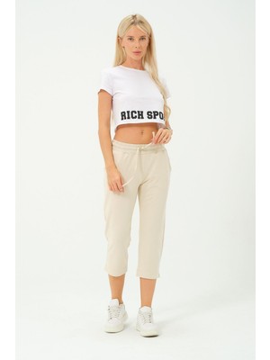 Rich Kadın Capri Beli Lastikli Rahat Kesim Günlük Düz Ekru Kapri Pantolon