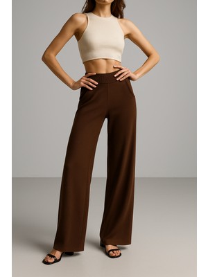 Rich Kadın Kahverengi Fitilli Yüksek Bel Bol Paça Pantolon