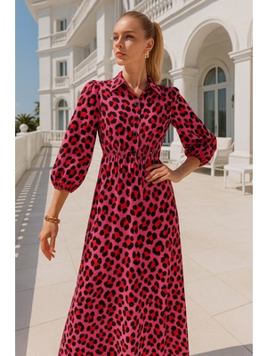 Rich Kadın Siyah Fuşya Leopar Desenli Uzun Kollu Boydan Düğmeli Maxi Elbise