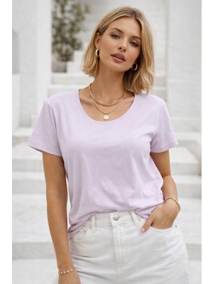 Rich Kadın Açık Lila Bisiklet Yaka Kısa Kollu Tişört