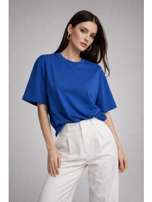 Rich Kadın Saks Mavi %100 Pamuk Oversize Basic Tişört – Rahat Kalıp Relaxed Bisiklet Yaka T-Shirt