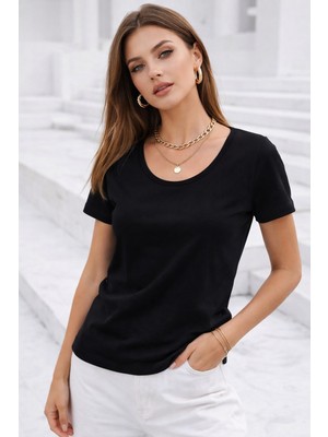 Rich Kadın Siyah Bisiklet Yaka Kısa Kollu Tişört