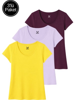Rich Kadın Sarı - Lila - Vişne Çürüğü 3'lü Paket %100 Pamuk Kısa Kollu Tişört
