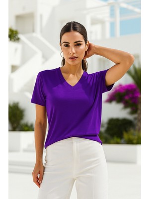 Rich Kadın Mor Viskon V Yaka Basic Kısa Kollu Tişört