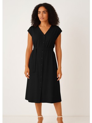 Alpaco Yazlık Elbise Midi Boy - Rahat - Kuşaklık ve Düğmeli