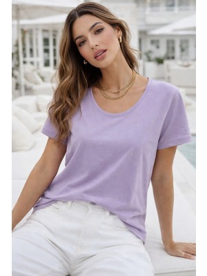 Rich Kadın Lila Bisiklet Yaka Kısa Kollu Tişört